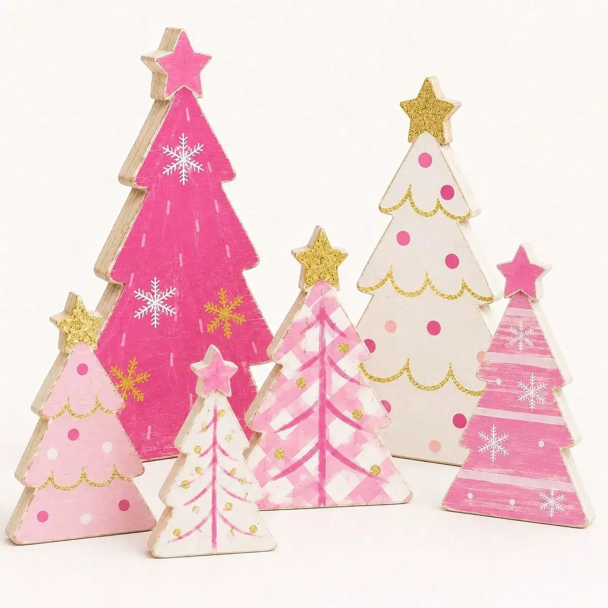 EARLIGROW 6-Piece Pink And White Wooden Christmas Tree Table Decorations, Rustic Vintage Farmhouse-Style Wooden Christmas Tree Ornaments, With Gold Sequin Star Decorations, Various Checkered And Polka Dot Snowflake Print Designs
