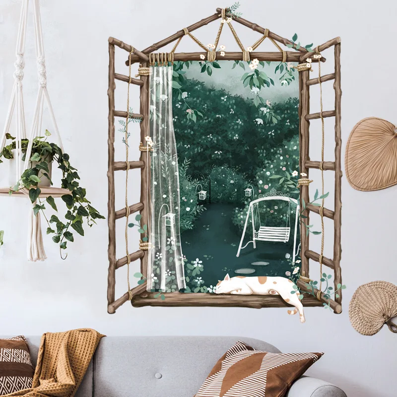 Summer Park Night View Mural for Home Decoration Aesthetic Rooms Large Wooden Lattice Window Art Sleepy Cat Vinyl Wall Stickers