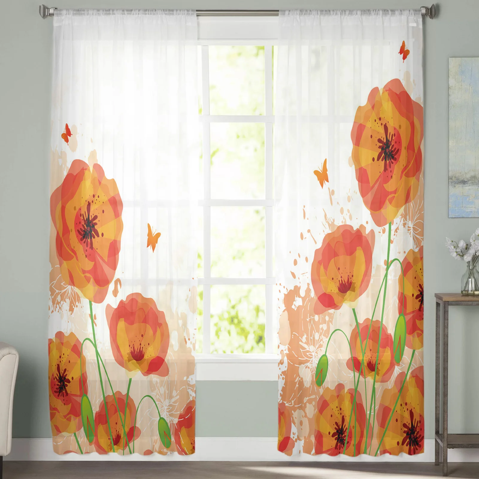 Spring Blooming Petal Border Sheer Curtain for Living Room Bedroom Voile Drape Kitchen Window Tulle Curtains Home Essentials