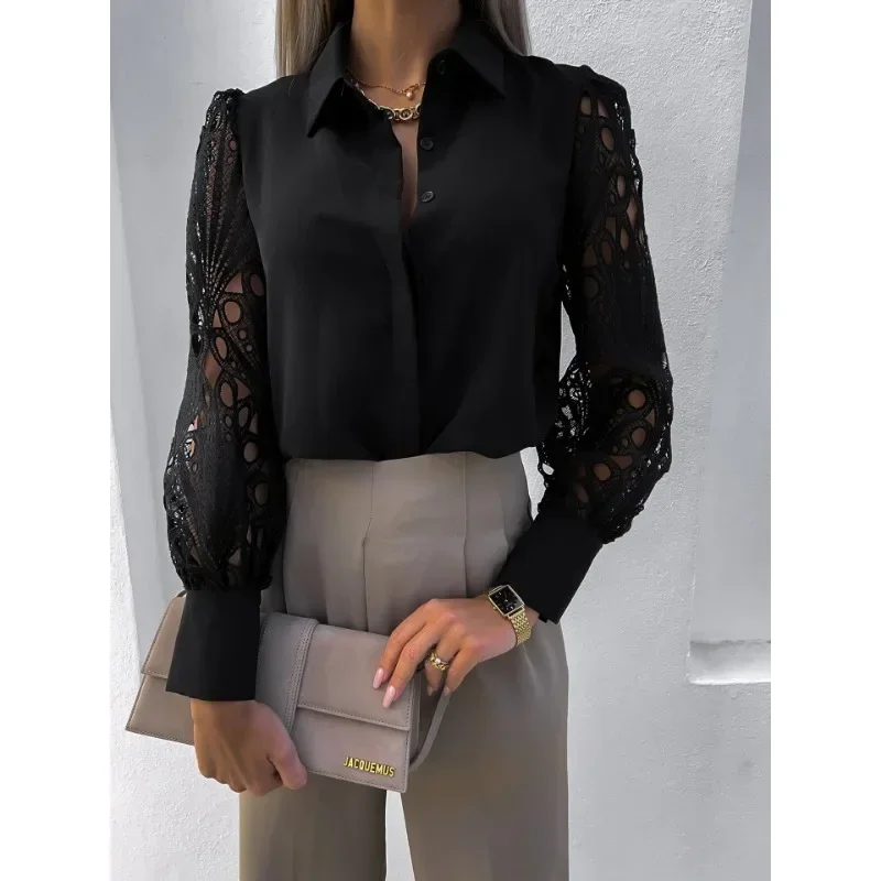 

New Fashion Women's Commuter Casual Shirt Elegant Solid Color Lace Spliced Shirt Fashion Flip Collar Button Long Sleeved Shirt
