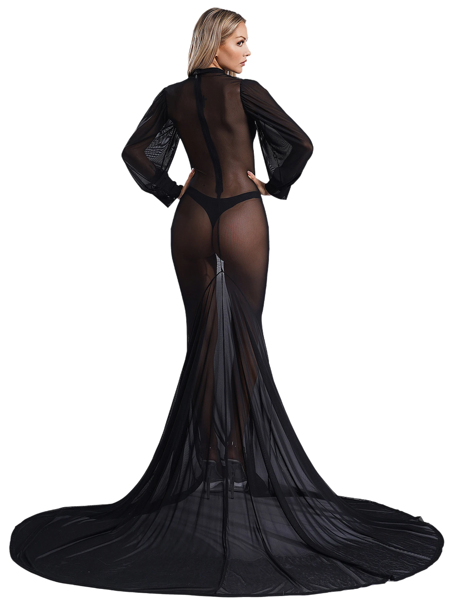 Dames sexy doorzichtige mesh volledige jurk hoge kraag lange mouw rechter trein pure cover-up lange jurk voor fotografie nachtclub