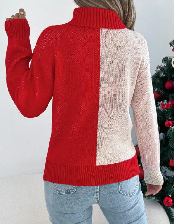 

New Winter Fashion Color Blocking Spliced High Neck Knitted Sweater with Reindeer Jacquard Embroidery Knitted High Neck Sweater