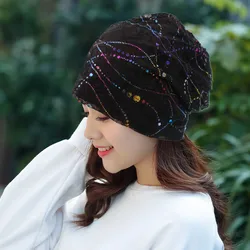 Women Summer Lace Rhinestone Breathable Sunscreen Sun Hat Female Spring Autumn Windproof Warm Confinement Cap Headscarf W54