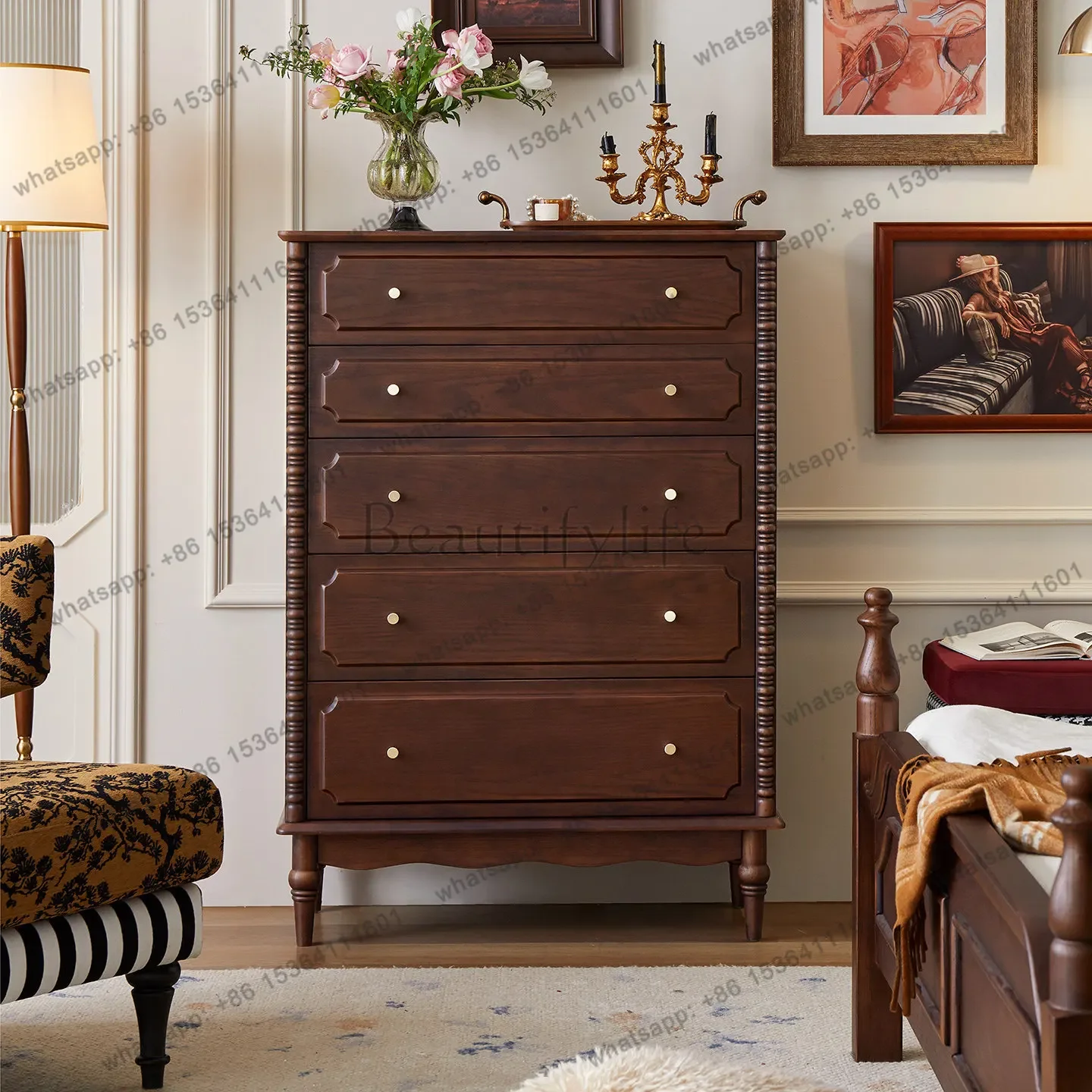 

56French vintage solid wood chest of drawers vintage two-color drawer bedroom storage cabinet