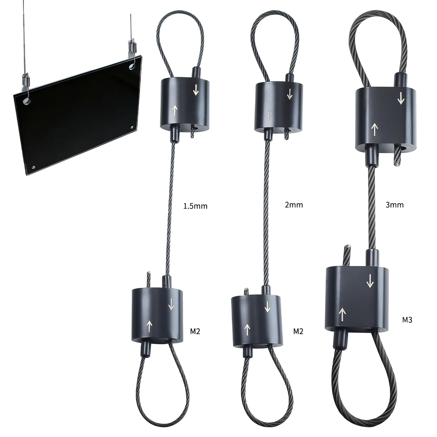 1.5mm/2mm/3mm Black Steel Cable, Adjustable Stainless Steel Wire Rope with M2/M3 Double Directional Locking Device