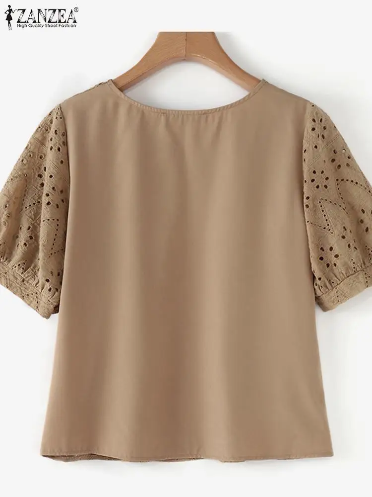 ZANZEA Casual Loose Lace Crochet Tunic Tops 2024 Sumemr Summer Holiday Short Puff Sleeve Shirts Elegant Hollow Out Women Blouses