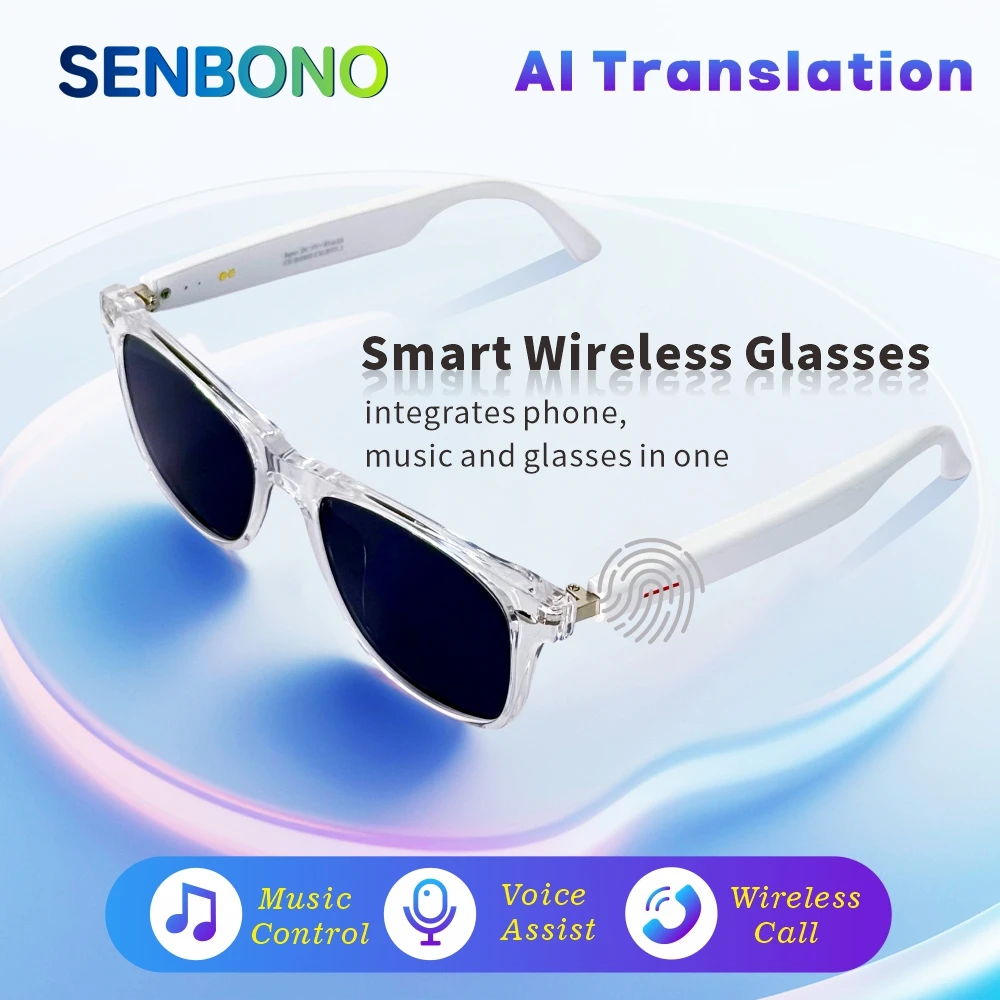 

SENBONO AI Translator Smart Glasses For Men Women Play Music HD Sound Quality Audio Built-in Mic & Voice Assistant Sunglasses