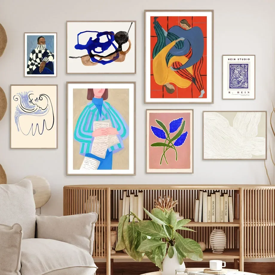 Scandinavian abstract wall art reading girl plants colorful geometric lines HD poster prints home bedroom living room decorat