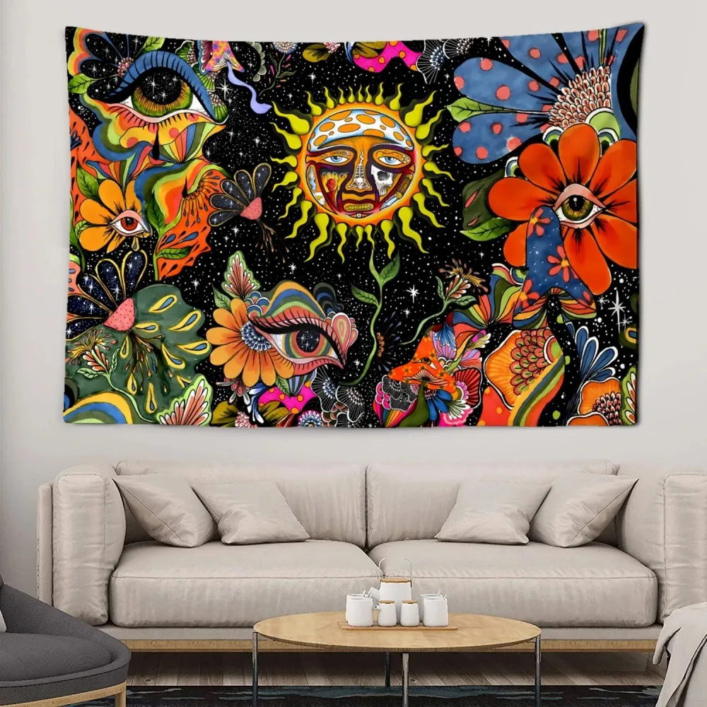 VIKAMA Wandteppich, psychedelische Pilzschädel-Wandkunst, Hippie-Blumen-Schlafzimmerdekoration, schimmerndes Wohnzimmer- und Schlafsaal-Hängedekor