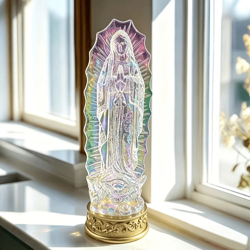 Transparent Iridescent Our Lady of Guadalupe Figurine, Rainbow Shimmer Virgin Mary Statue, Catholic Religious Altar Desktop Deco