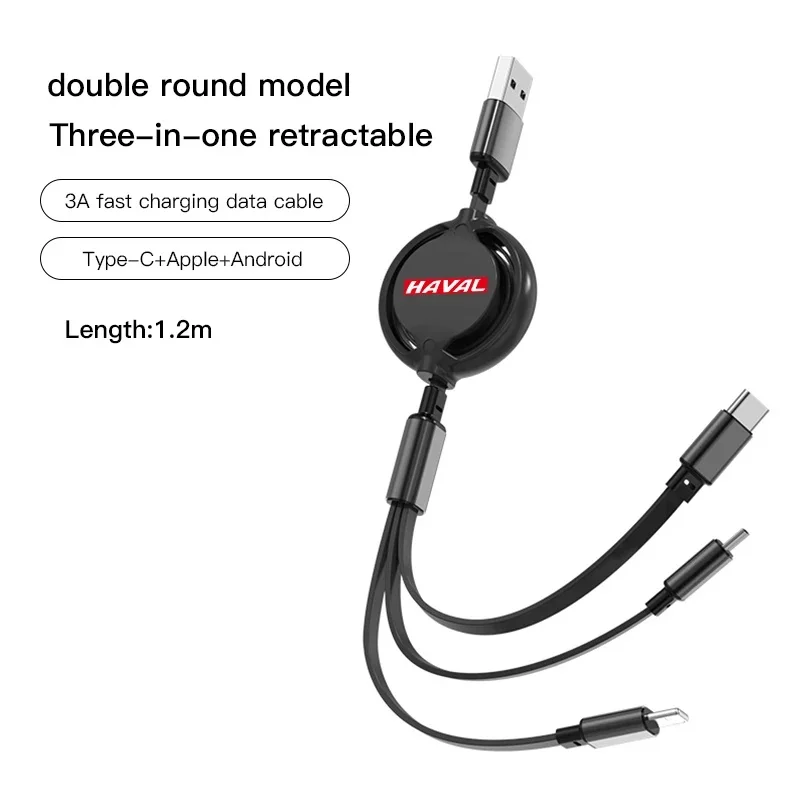 Multi 3 In 1 Retractable Car Fast Charging Cable Micro USB Type-C for Haval Dargo H6 H9 M6 F7 F7X, Phone Charger Wire Accessory
