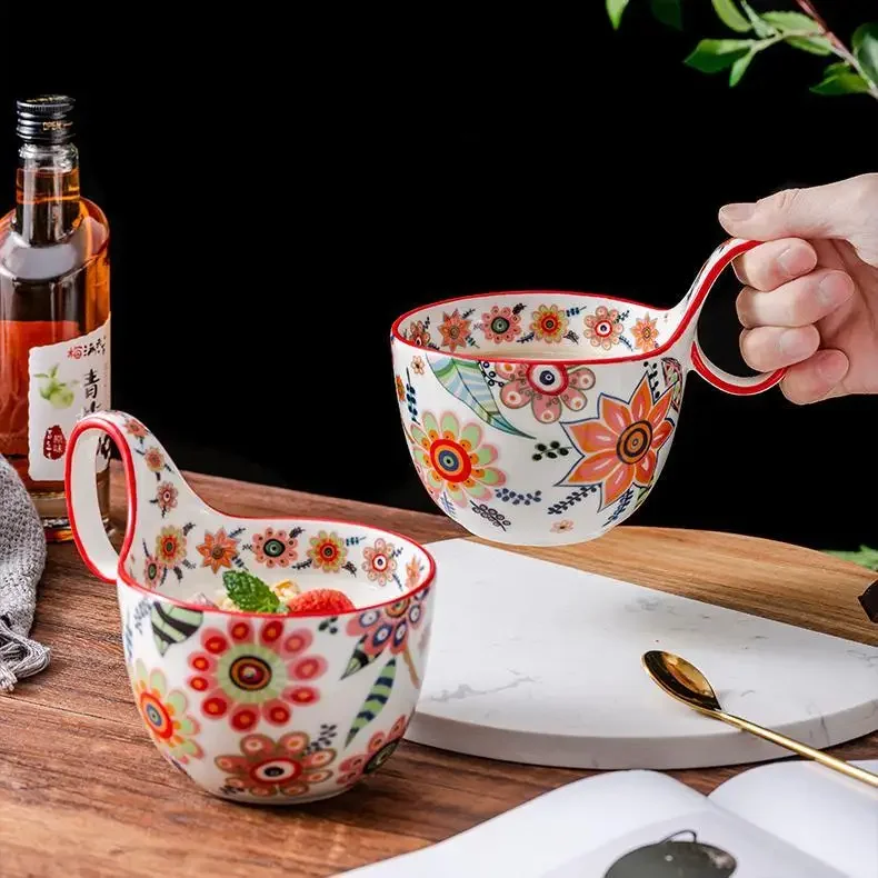 Mugs Originality Breakfast Milk Multifunctional Ceramics Water Cup Kitchen Drinkware Retro Light Luxury Flower Pattern