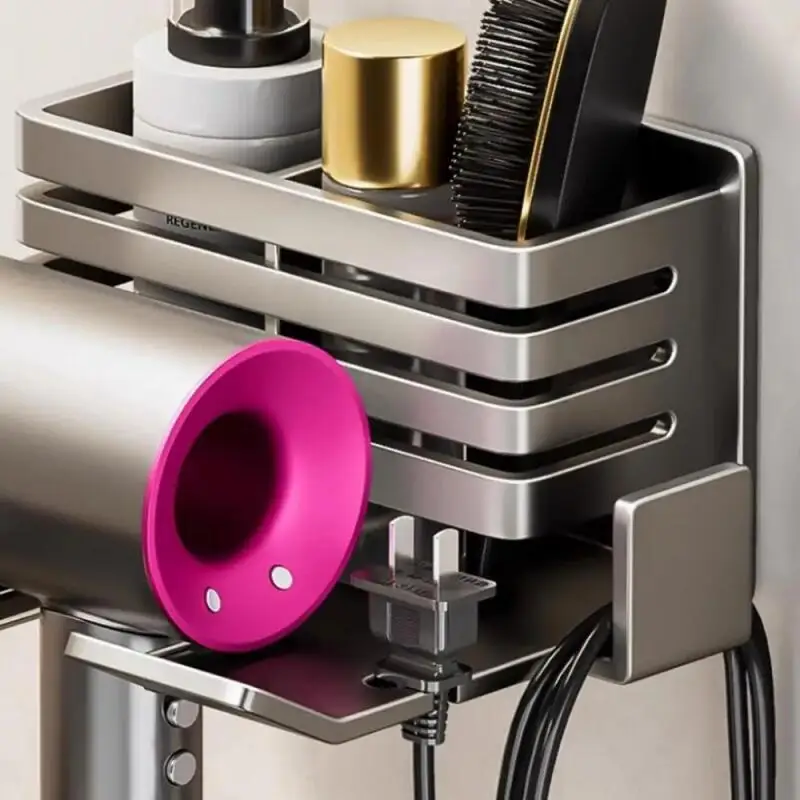 Wall Mounted Bathroom Shelf No Drill Multifunctional Storage Shelves Organizer with Hair Dryer Holder Toilet Cradle