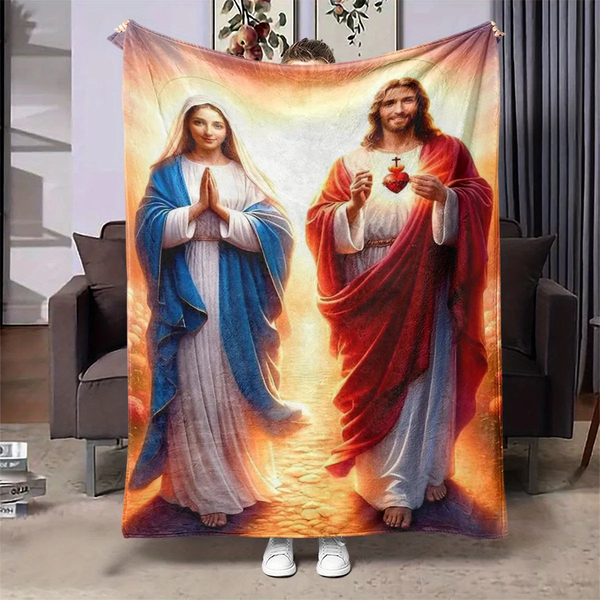 1pc Jesus and Virgin Mary HD Digital Print Flannel Blanket - Soft Warm All-Season Throw for Sofa, Bed, Camping & Car - Religious
