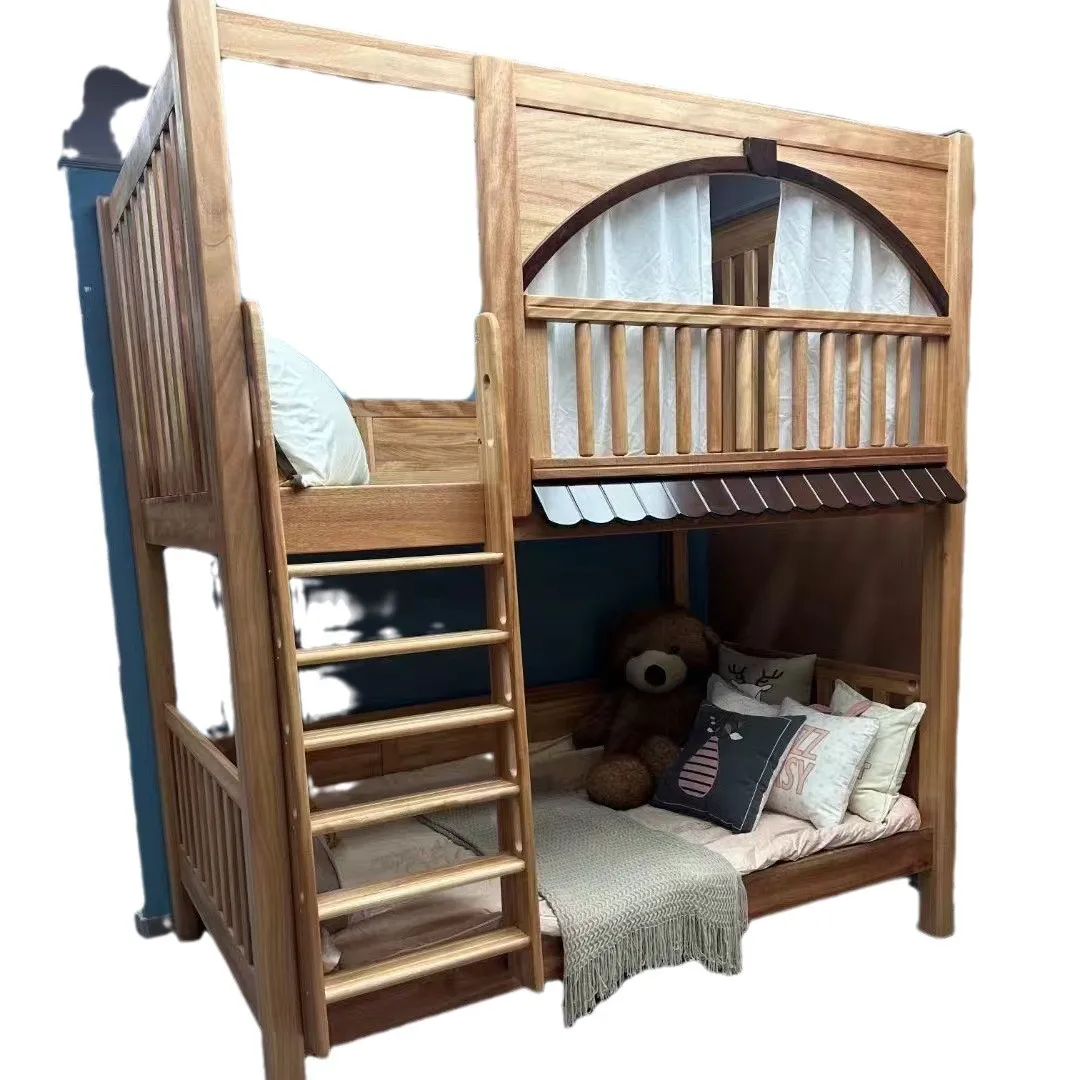 Children's double redsandalwood bunk with wide bunk  high and low child and mother small apartment