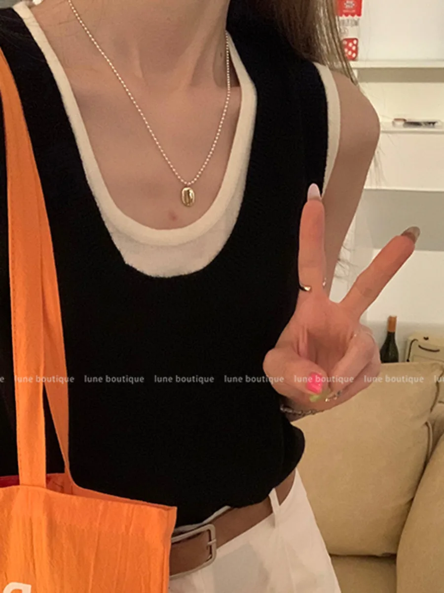 Fake Two-piece U-neck Knitted Patchork Camisole For Women Summer Chic Loose Tank Top Color Matching Tanks Female