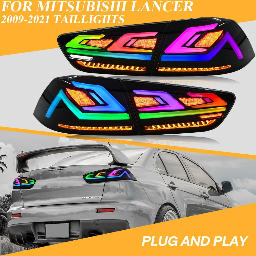 For Mitsubishi Lancer 2009-2015 2016-2021 RGB LED Tail Lights OE Style Full Color Changing Rear Lamps Pair with Remote Control