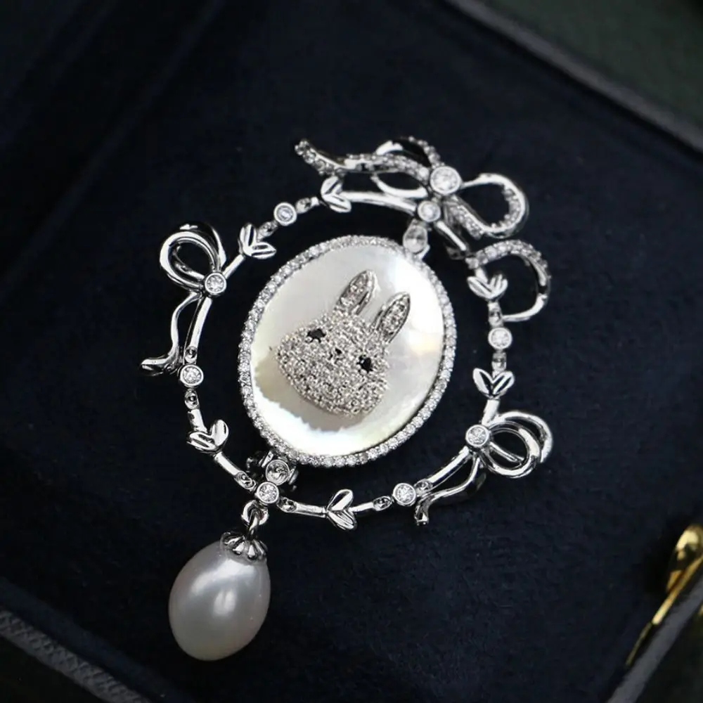 Clothes Accessories Vintage Rabbit Zircon Pin Light Luxury Rabbit Natural Shell Pearl Brooch Galvanized Natural Wedding