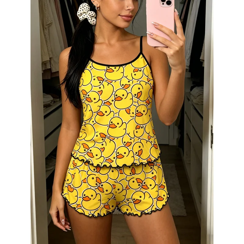 

Women Spring Summer Fall Pajama Set Spaghetti Strap Ruffle Trim Round Neck Sleeveless Cami Shorts Cute Yellow Rubber Duck Print