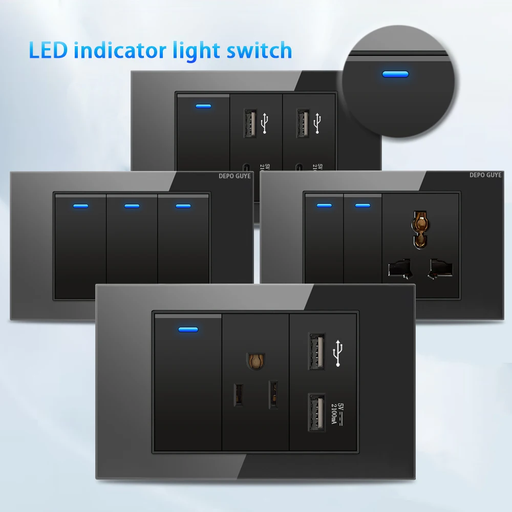 

118 Тип панели из закаленного стекла, настенный светодиодный переключатель, американский тайский стандарт, USB Type-C, 20 Вт, розетка для быстрой зарядки, настенная универсальная розетка