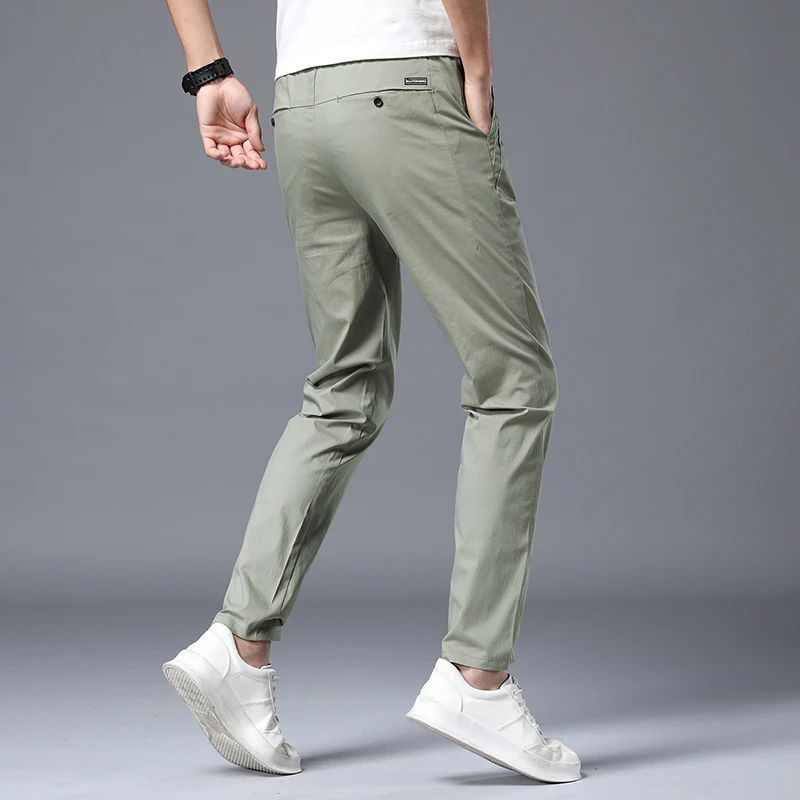 Spring Summer Pants Mens Stretch Korean Casual Slim Fit Elastic Waist Business Classic Trousers Male Black Gray Long Pants Men