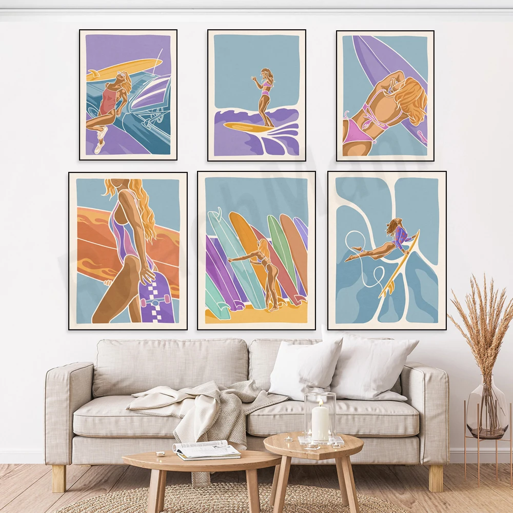 Tropical beach palm trees, surfer girl surfboard, surf jumping ocean waves sunset poster boho canvas painting home decor