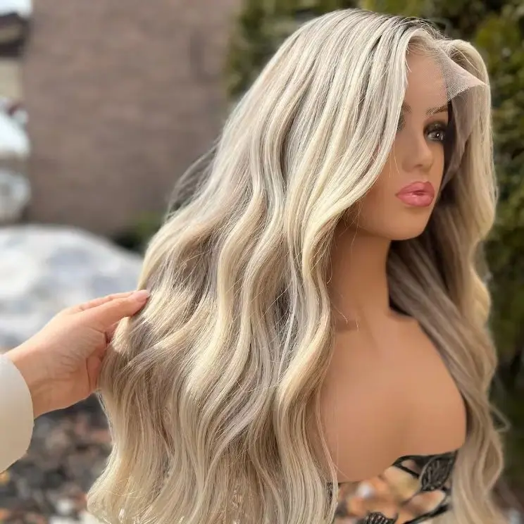 Loose Wave Synthetic Lace Front Wig Long White Blonde Wig With Dark Roots For Women Unknotted Soft Daily Party Use Cheap Wig