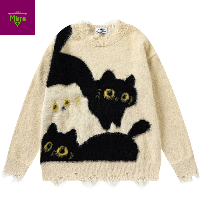 

Свитера с забавным котом, мужской свитер в стиле Харадзюку, большой свитер в стиле хип-хоп, пуловер, вязаный джемпер, 2024, Y2K, винтажные уличные свитера унисекс