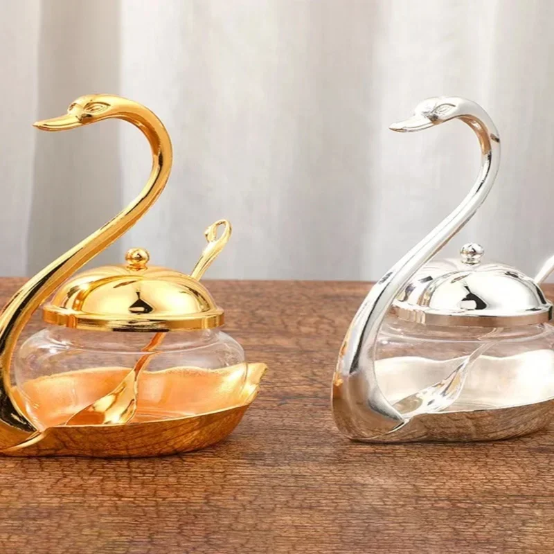 European Alloy Swan Seasoning Bottle Set Zinc Alloy Glass Salt Pepper Spice Jars Kitchen Counter Accessory