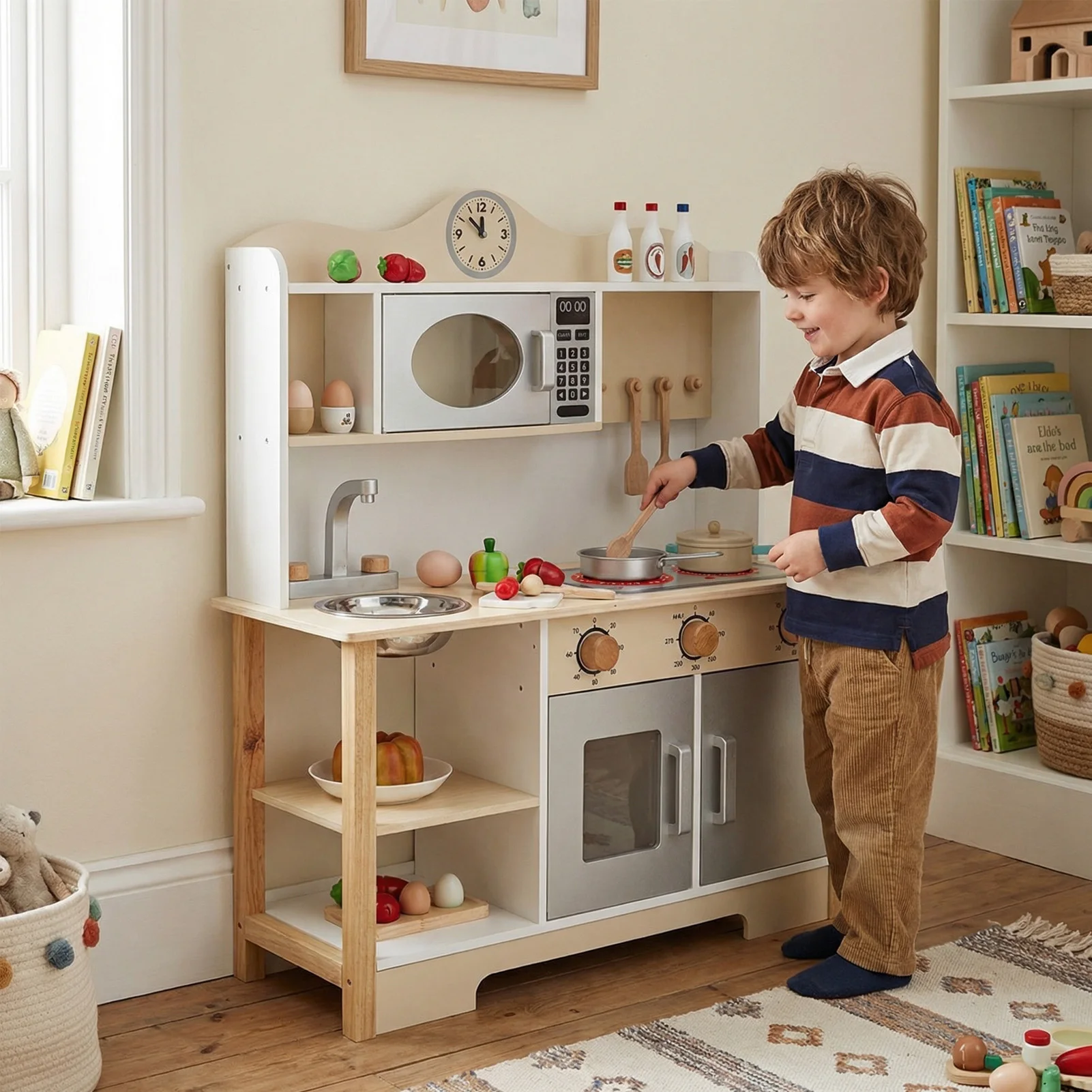 

NEW Wooden Play Kitchen Set Realistic Toddler Kitchen Playset with Oven Dishwashing Sink for Children Above 3 Years Old