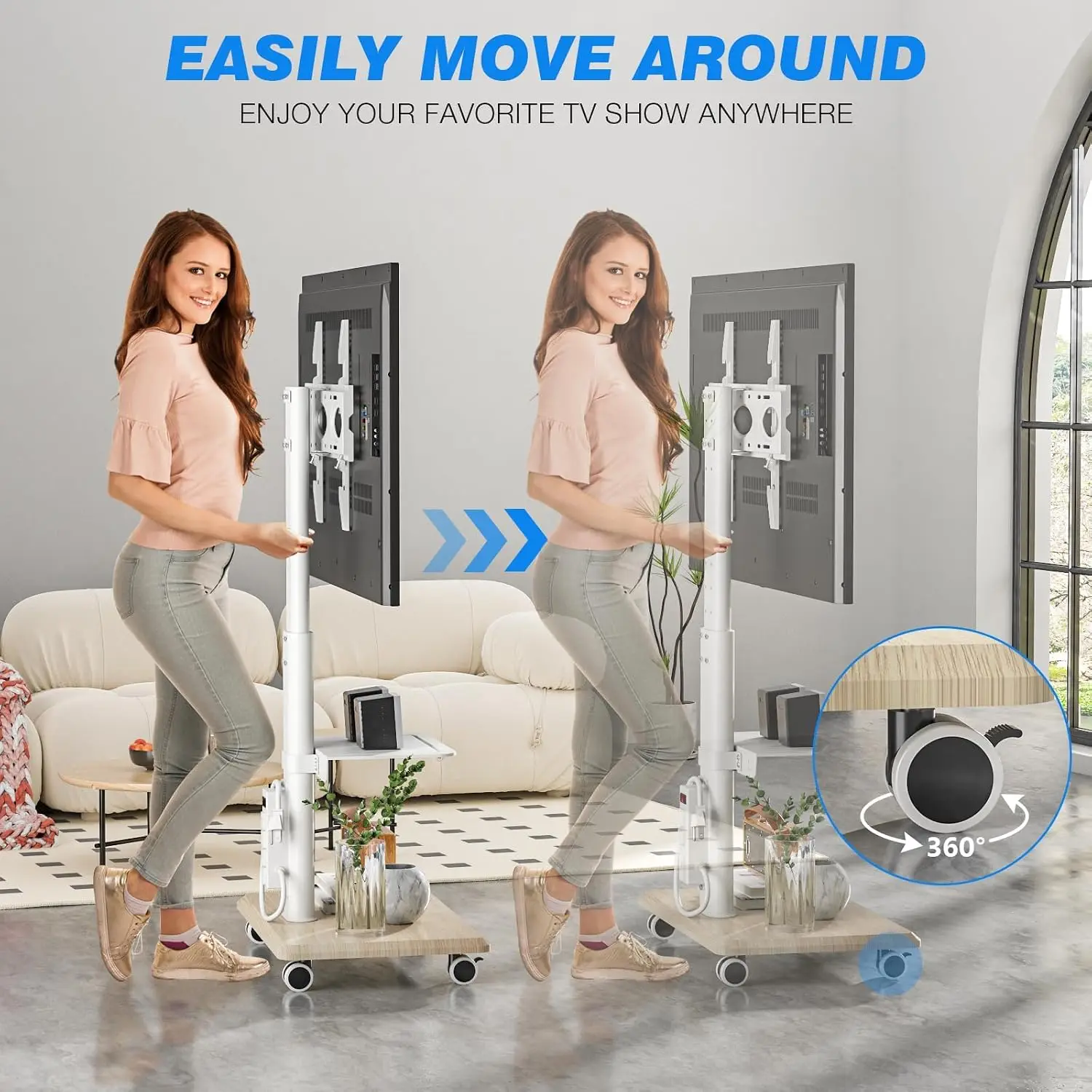Sleek Mobile TV Stand with Power Outlet, Height Adjustable Rolling Cart for 32-75 Inch TVs up to 88 lbs, White, Customized