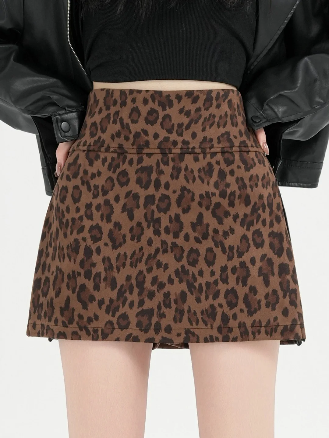 A-Linien-Rock mit hoher Taille und seitlichem Schlitz, Leopardenmuster, modischer Ort-Rock für Damen für Herbst und Winter, Freizeitkleidung