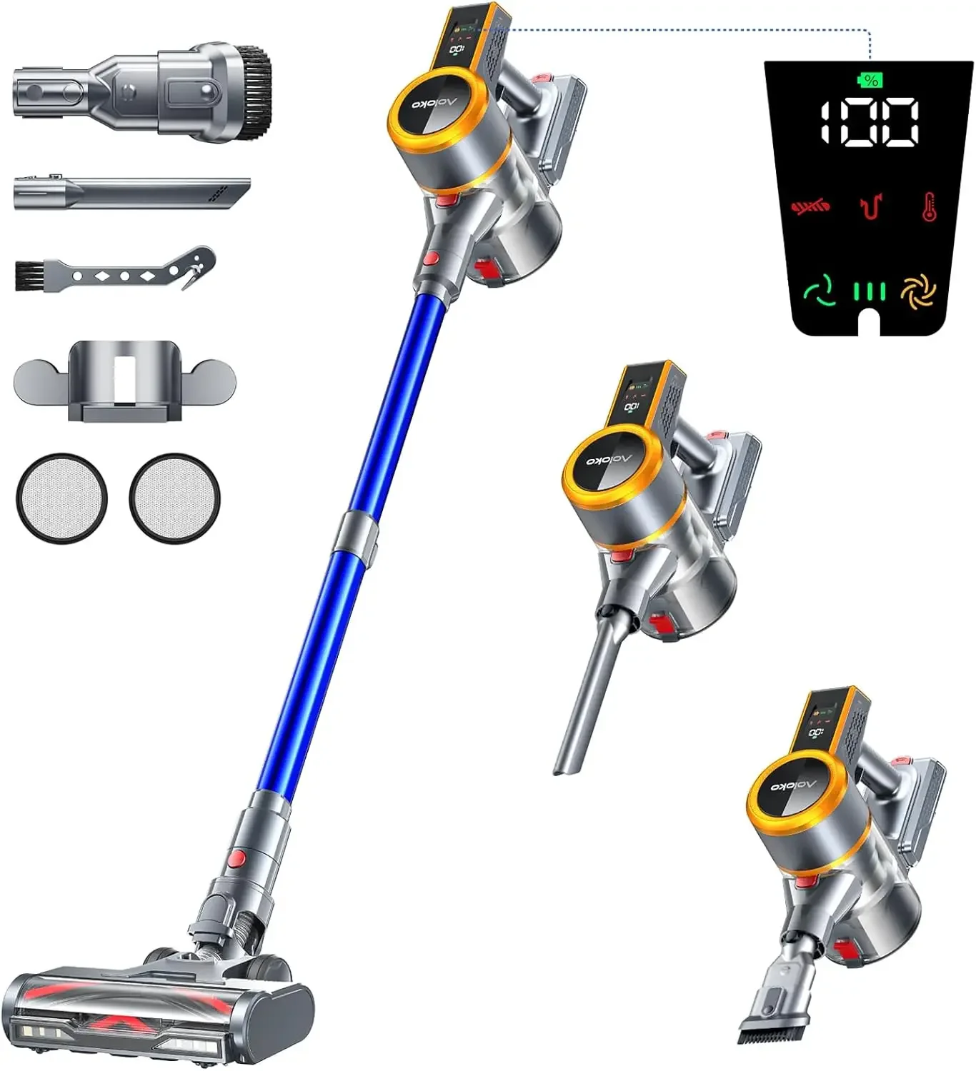 Cordless Vacuum Cleaner, 550W/45KPA 60Mins Runtime Vacuum Cleaners for Home with LED Display,Self-Standing Anti-Tangle Stick Vac