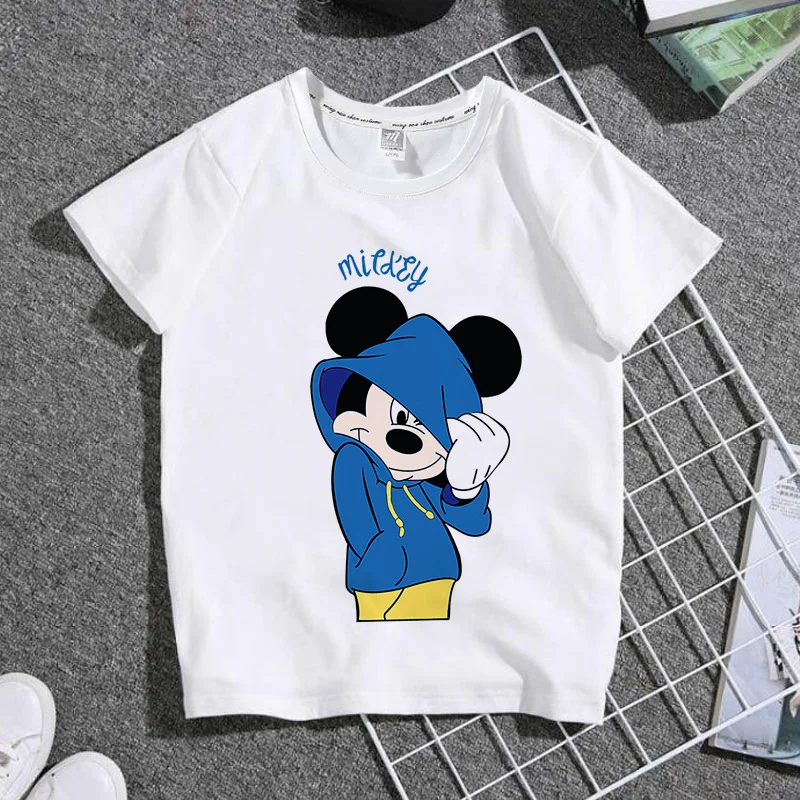 الصيف الكرتون لطيف ميكي ماوس الكرتون القطن الخالص ملابس الأطفال طالب جولة الرقبة تي شيرت بأكمام قصيرة