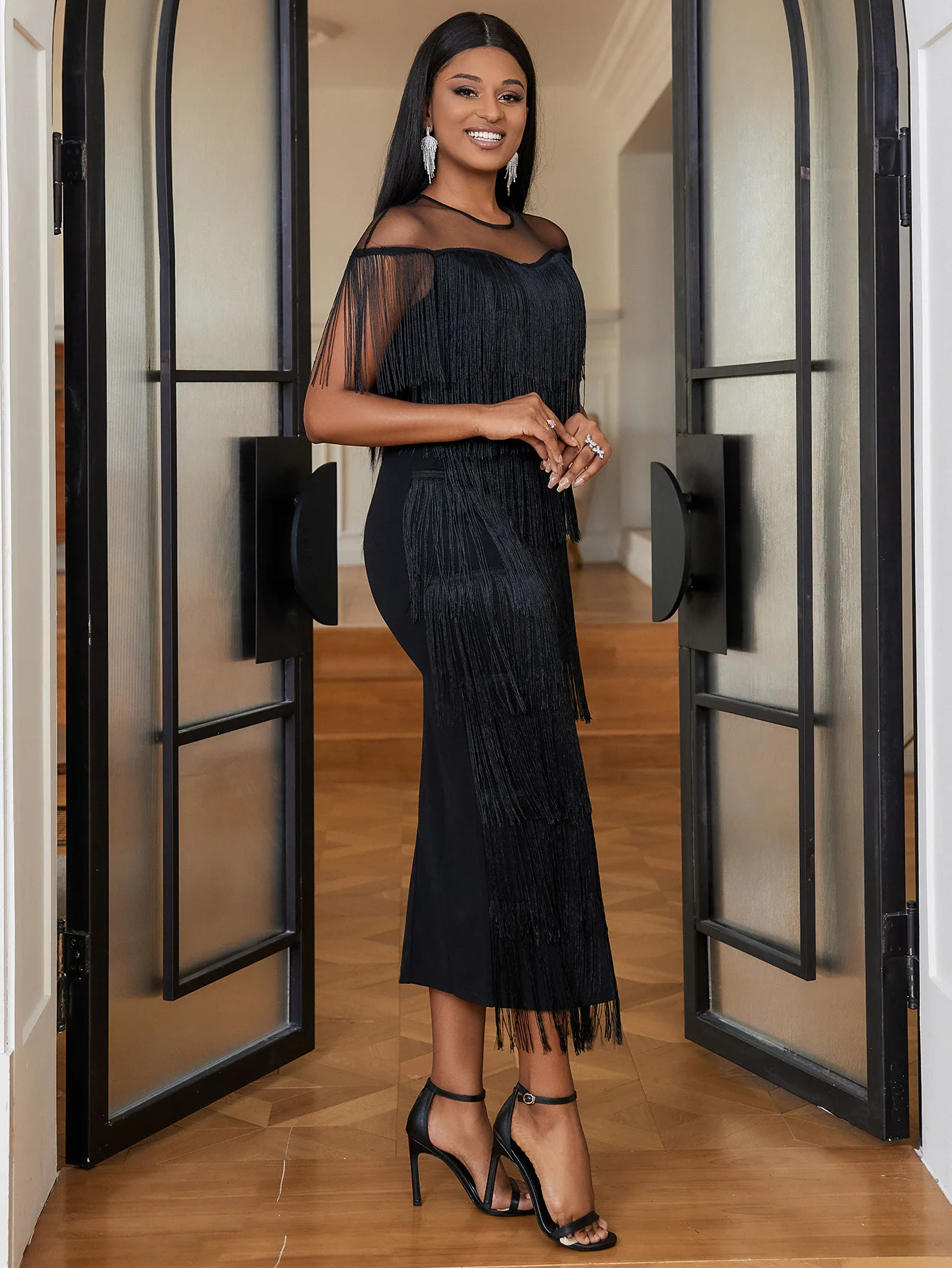 Mesh-Patchwork-Quastenkleid mit hoher Taille, Übergröße, schmal geschnitten, lässig, figurbetont, für Geburtstagsfeiern und Abendveranstaltungen – Detail 5