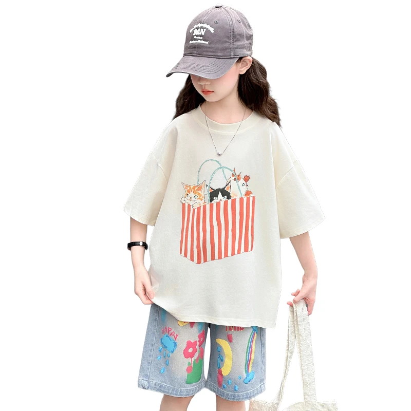 

Teenage Girls Summer Top and Bottom Set with Drawings Print Kids Child Cotton Outfit Clothing Set Age 5 6 7 8 9 10 11 12 13 14 T