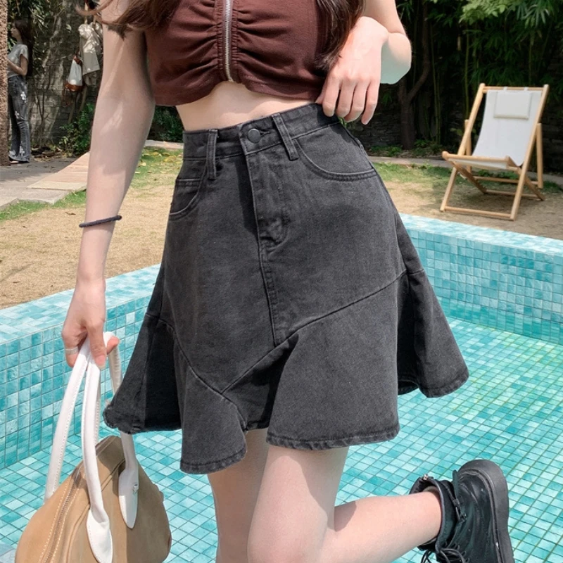 

Slim Trumpet Asymmetrical Denim Skirt Summer Casual Solid Mini Black Skirts Spring Korean Fashion Faldas New Clothes For Women