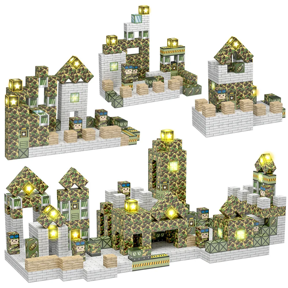 Magnetyczne klocki konstrukcyjne ze światłami, wojskowe, edukacyjne STEM, Montessori, sensoryczne kostki do układania, zabawki dla dzieci od 3 lat, prezenty dla chłopców i dziewczynek.