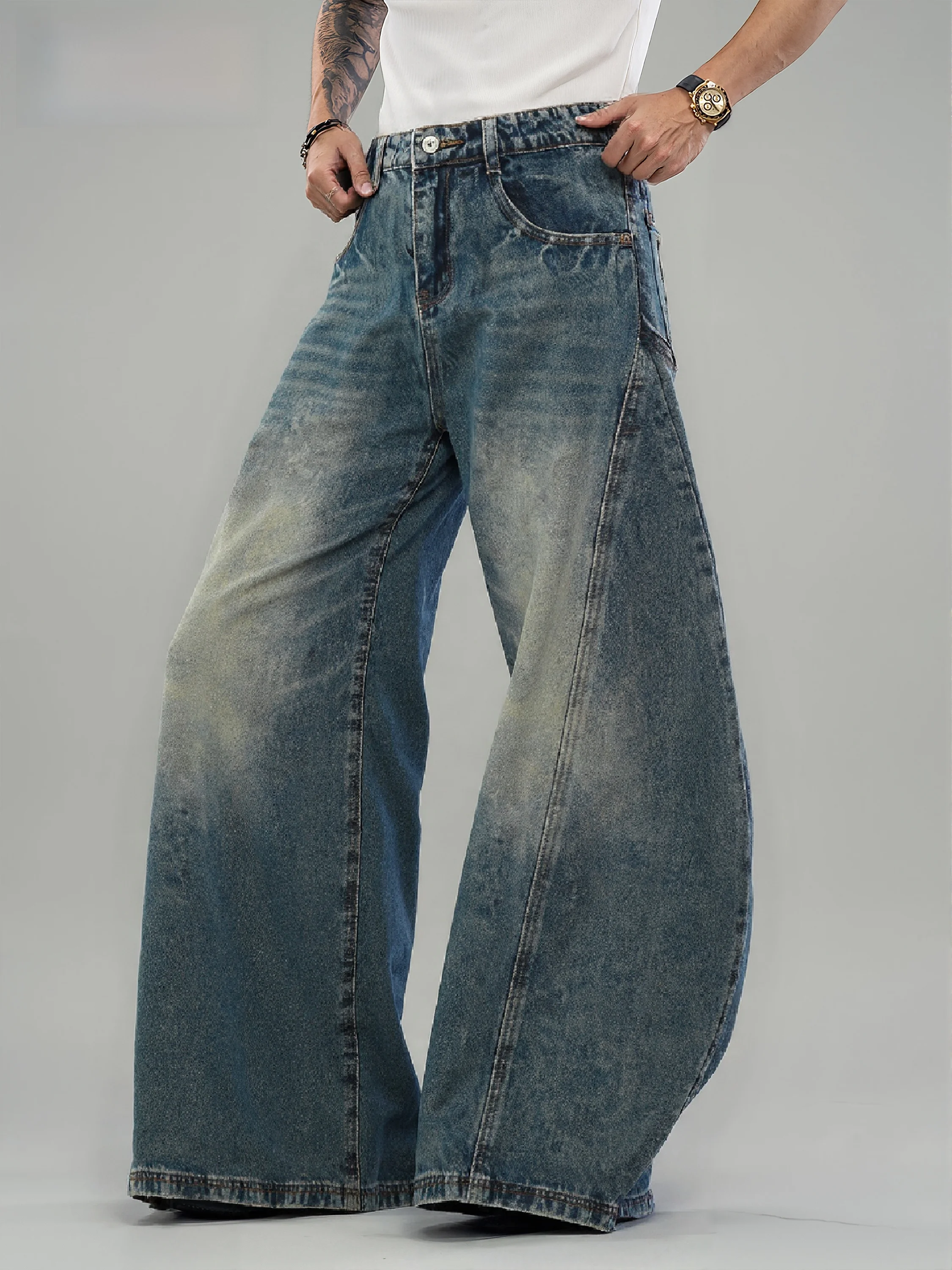 Amerykańskie retro szerokie jeansy z wysokim stanem, krój wide leg, modne młodzieżowe spodnie z bawełny denim, prosty krój, luźny krój, długie spodnie.