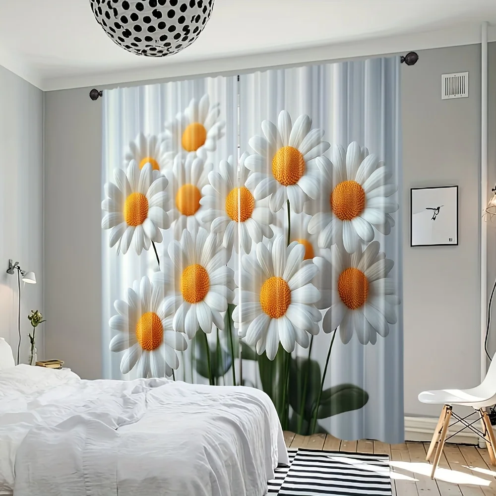 2 Stück Gänseblümchen-Blumen-Vorhänge, weiße Blütenblätter mit gelbem Mittelteil, moderner Schlafzimmer-Fensterbehang, frische florale Heimdekoration