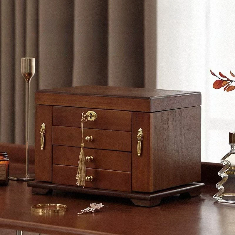Solid Wood Jewelry Box Necklace Earrings Retro Storage Boxes Exquisite Jewellery Organize Case Large Capacity Trinket Cases