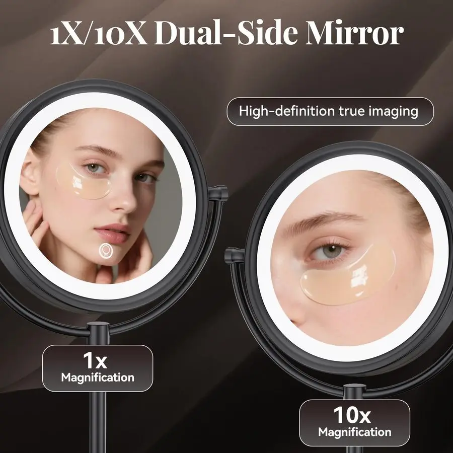 مرآة مكياج مضاءة بإضاءة LED قابلة لإعادة الشحن مقاس 8.5 بوصة مع تكبير 10x وبطارية 4500 مللي أمبير في الساعة مرآة زينة مزدوجة الجوانب OilRu