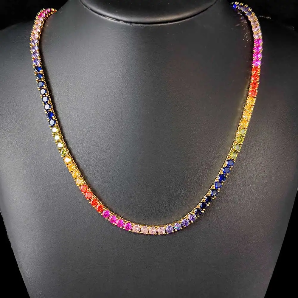 Hip Hop 5MM Iced Out Multicolored Gemstone Tennis Chain Women Luxury Men Rainbow Colorful Necklace Drop Shipping