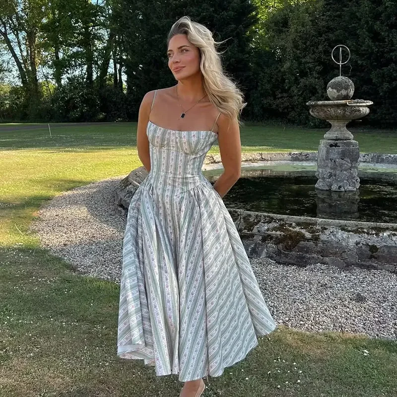 

Green Striped Floral Print Sexy Spaghetti Straps Dresses Women Elegant A-line Midi Vacation Party Dresses Summer Robe