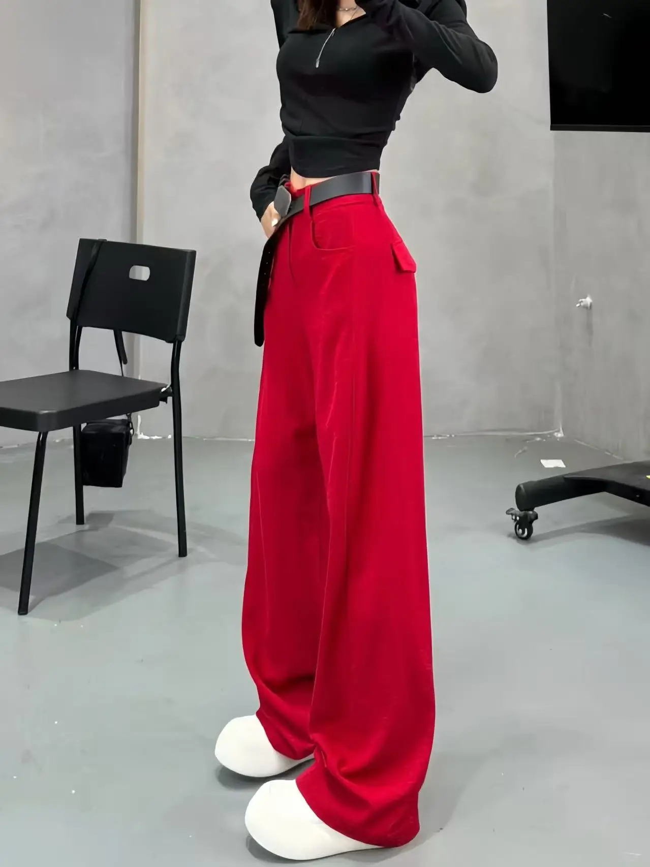 Pantaloni a gamba larga rossi a vita alta da donna Faion Summer 2025 New Sle Pantaloni casual dal taglio dritto e vestibilità ampia con kets