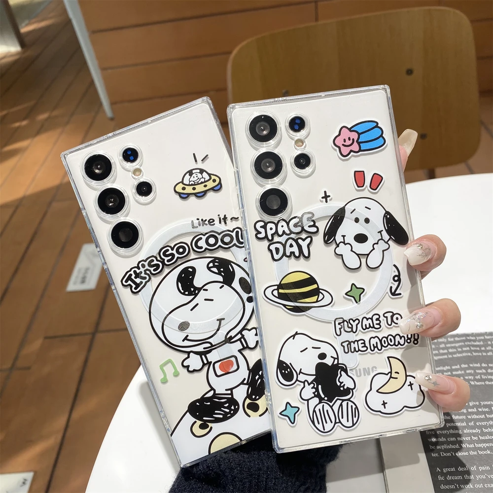 Cute Astronaut Snoopy Magnetic Magsafe Wireless Charge Transparent Phone Case For Samsung Galaxy S26 25 24 23 Ultra Puls Cover