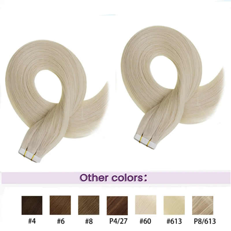 Tape-in-Extensions de Cheveux Humains, Tape-in, Blond Platine, Document 60, Brésilien, Remy, Cheveux Humains, Doux, 50G