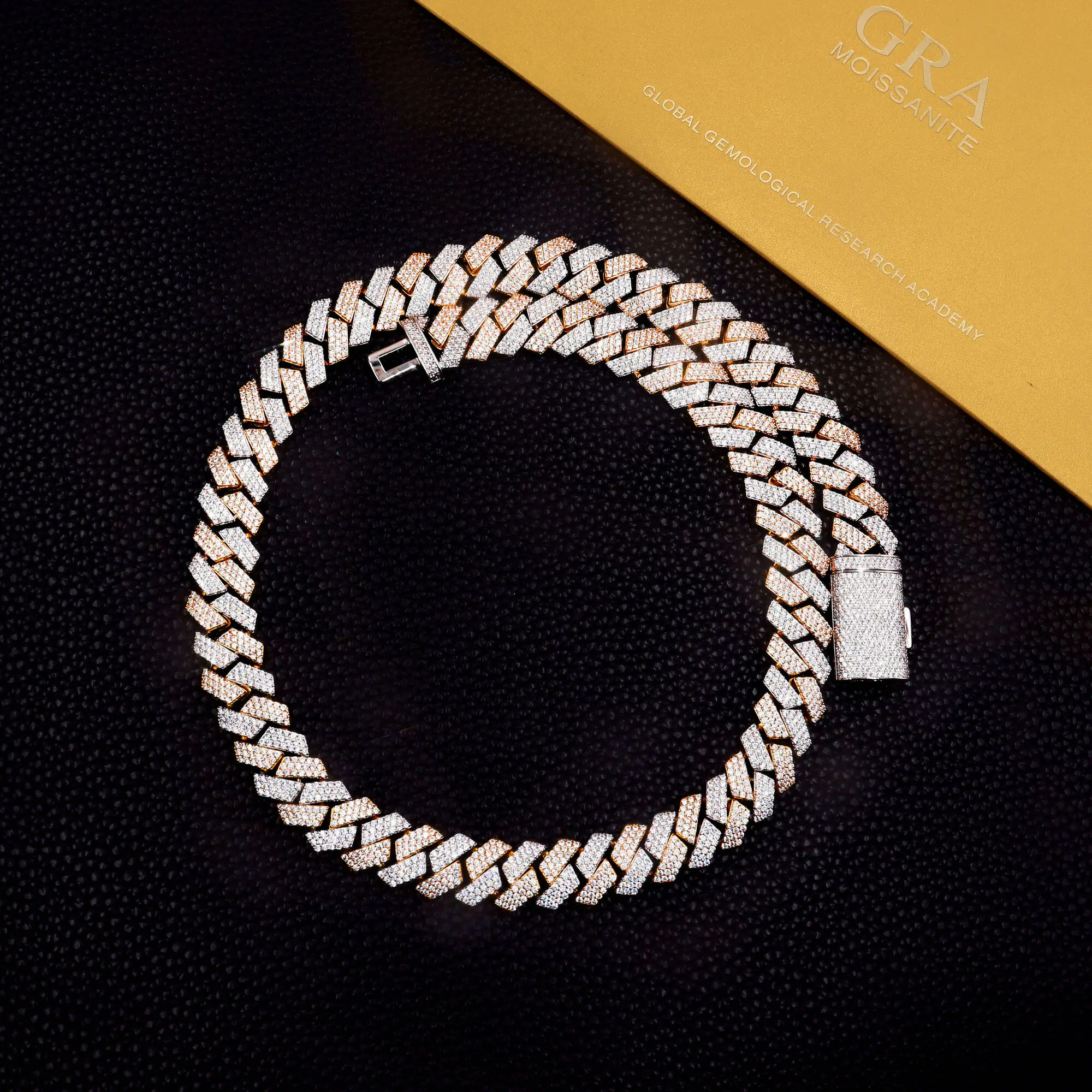 

13mm 925 sterling silver VVS silica chilled Cuban chain dual color silver gold-plated 3-row hip-hop accessory