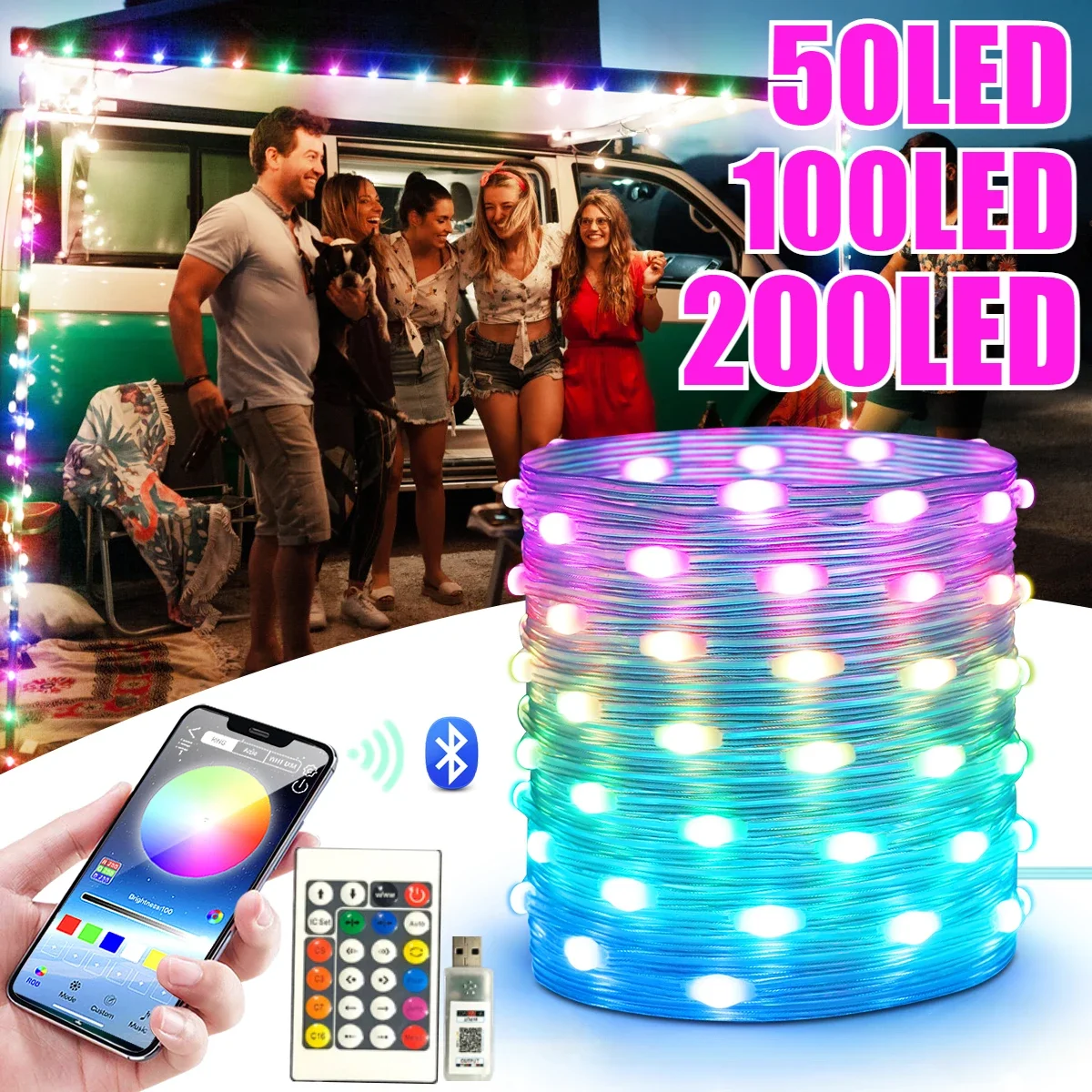 

5/10/20M Colorful USB 5V LED Sting Light Bluetooth Music APP RGBIC Addressable Fairy Lights Birthday Party Christmas Decoration