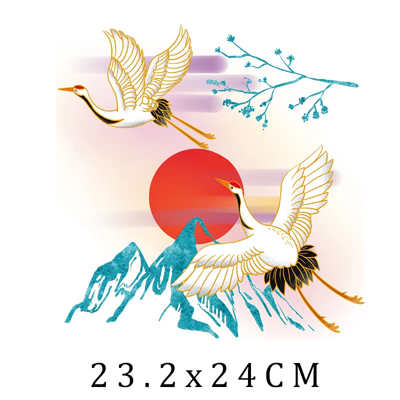 Chinese Style Crane Sunrise Iron On Patches For DIY Heat Transfer Clothes T-Shirt Thermal Stickers Decoration Printing